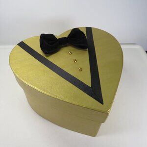 Gold Tux Heart Gift Box w velvet bow tie & pearl dots 9.5" tall 5" thick